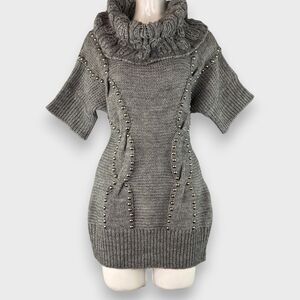 90s Gray Chunky Long Turtleneck Sweater Wool Blend Studded Boho Chic Size L